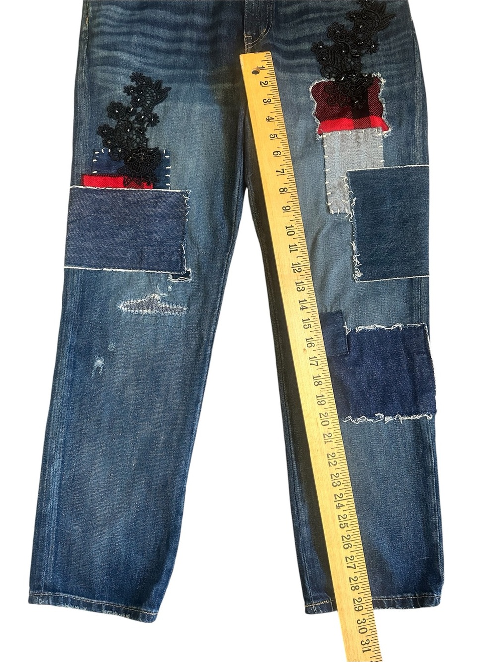 Lauren Ralph Lauren Patchwork Blue Jeans 10 Patch Lace Plaid Tapered Ankle Y2K - Picture 8 of 8